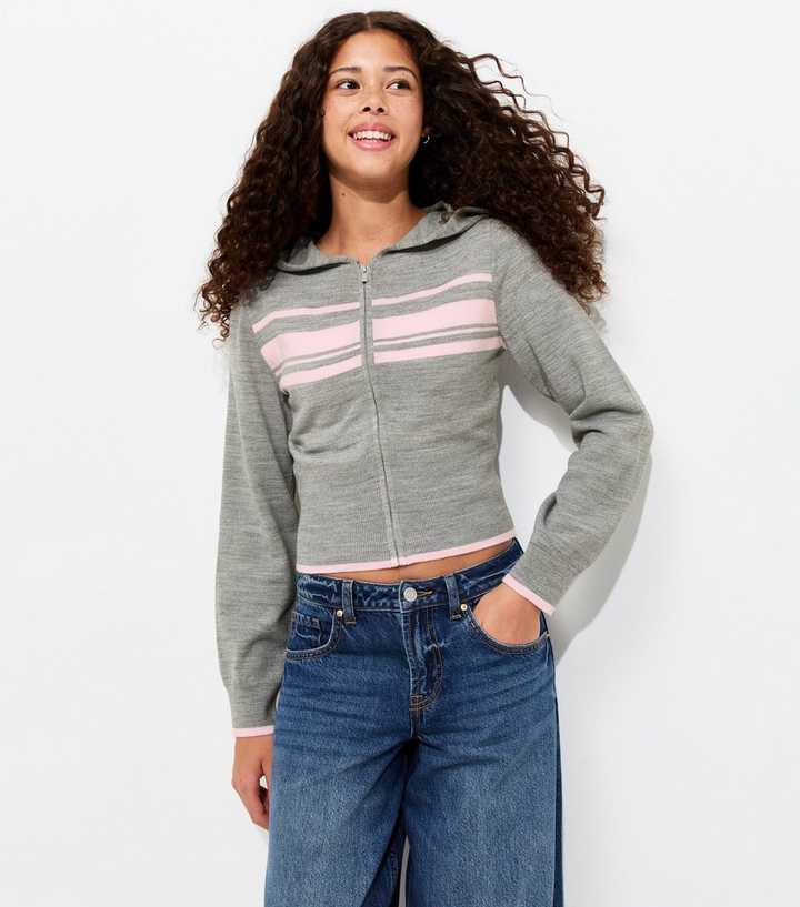 Girls Grey Striped Zip Front Knitted Hoodie