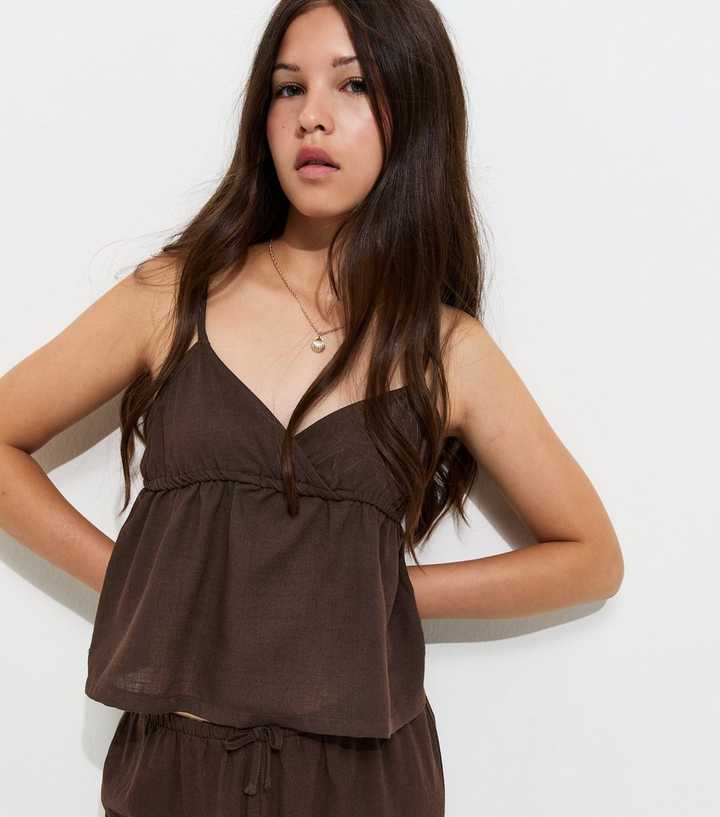 Girls Dark Brown Linen Look Triangle Cami Top