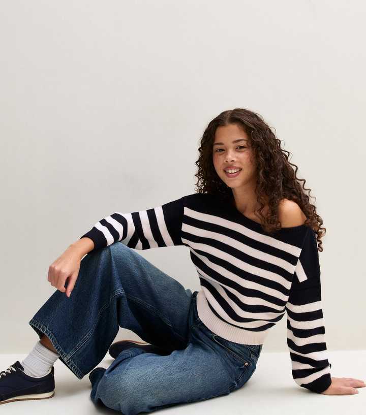 Girls Blue Striped Knit Slash Neck Jumper