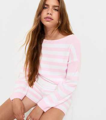 Girls Pink Striped Knit Slash Neck Jumper