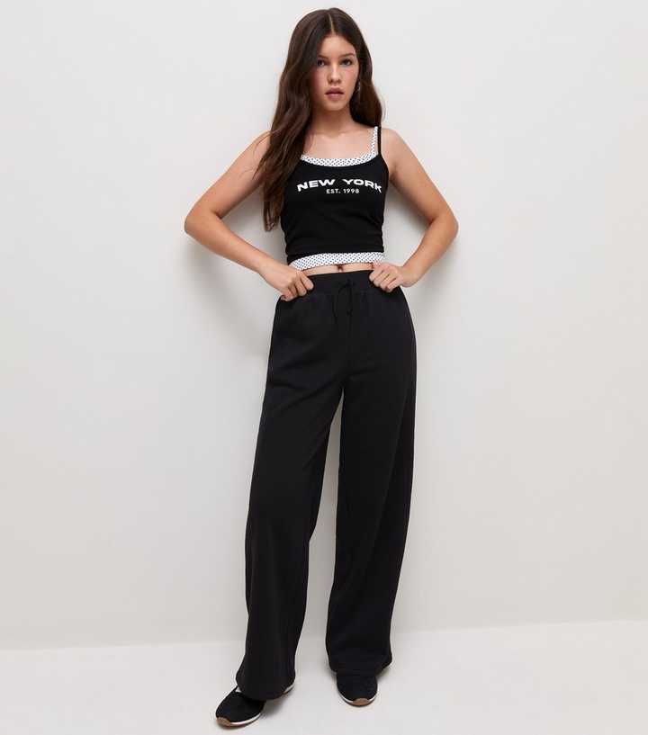 Girls Black Cotton Rich Wide Leg Joggers