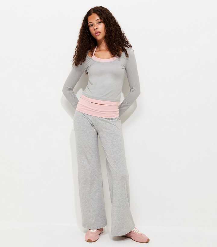 Girls Dark Grey Cotton Rich Contrast Fold Over Waistband Leggings