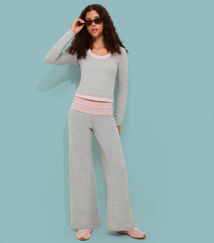 Girls Dark Grey Cotton Rich Contrast Fold Over Waistband Leggings