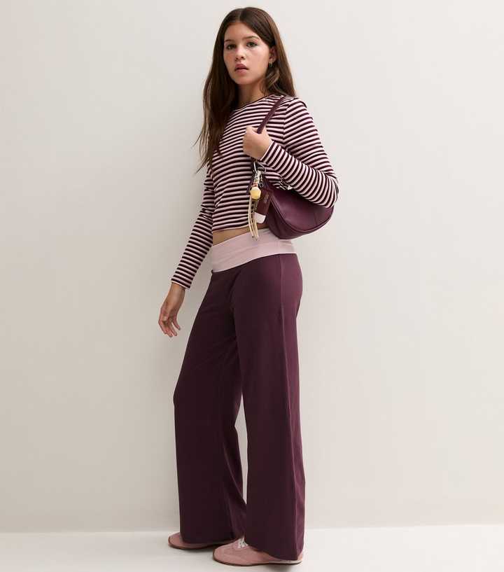 Girls Burgundy Cotton Rich Contrast Fold Over Waistband Leggings