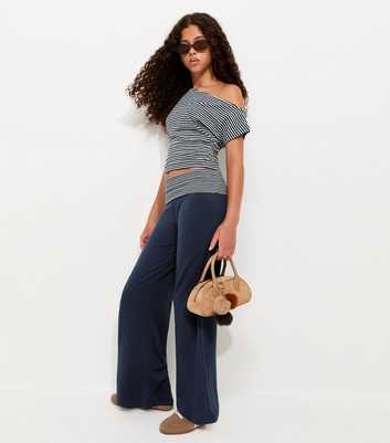 Girls Navy Folded Waist Flared Jersey Leggings