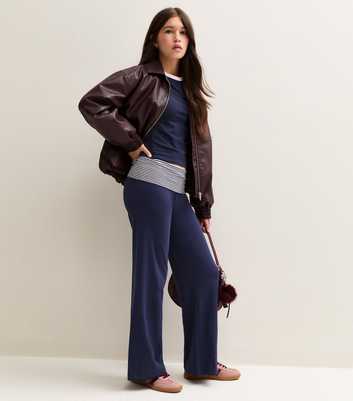 Girls Blue Folded Waist Flared Jersey Leggings