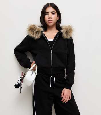 Girls Black Cotton Rich Faux Fur Trim Hoodie