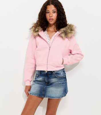 Girls Light Pink Cotton Rich Faux Fur Trim Hoodie