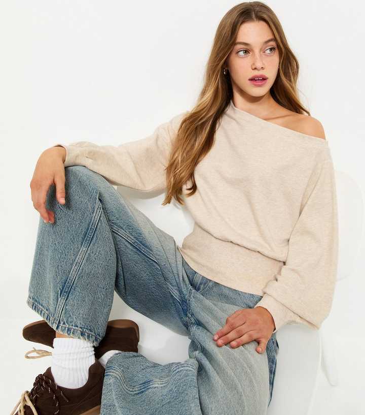 Girls Oatmeal Cotton Rich Off the Shoulder Sweatshirt