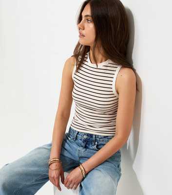 White Cotton Rich Ribbed Stripe Pattern Sleeveless Tank Top