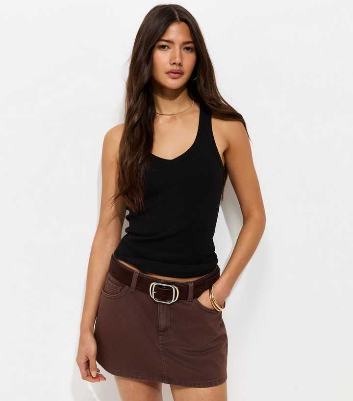 Black Cotton Rich V Neck Slim Wide Strap Vest Top