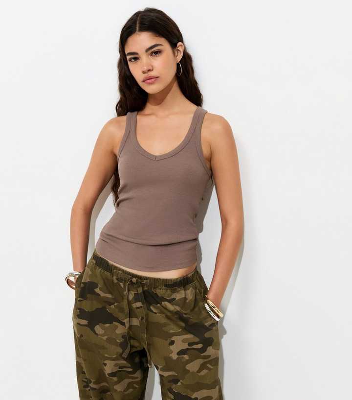 Mink Cotton Rich V Neck Slim Wide Strap Vest Top