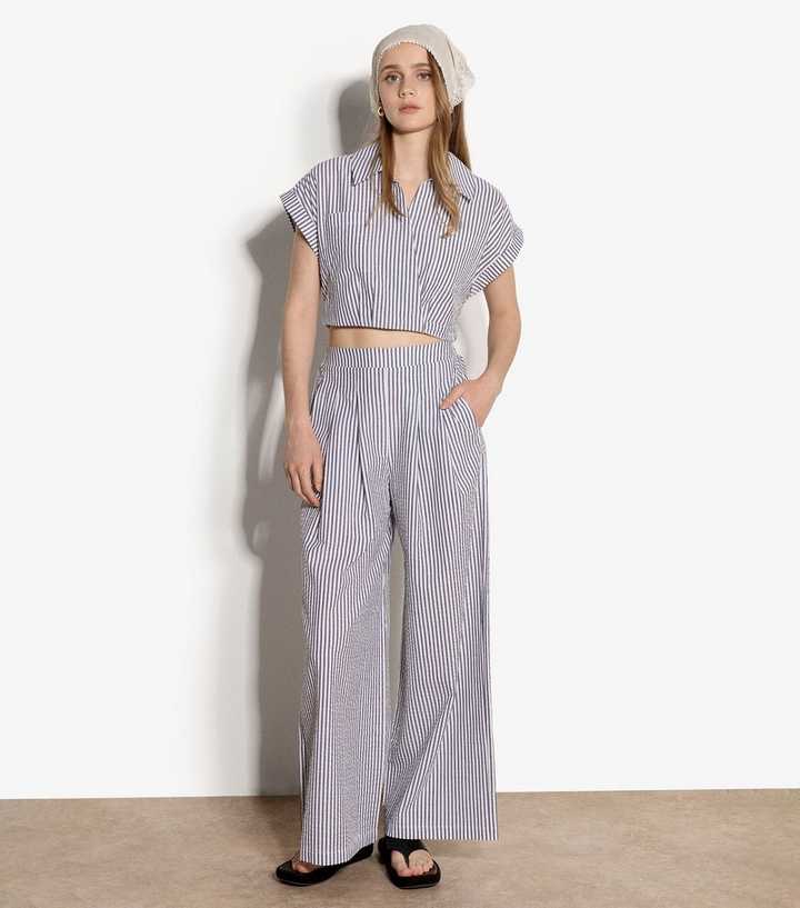 Apricot Blue Seersucker Stripe Pleated Trousers