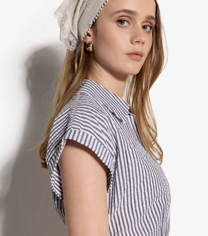 Apricot Blue Seersucker Stripe Top
