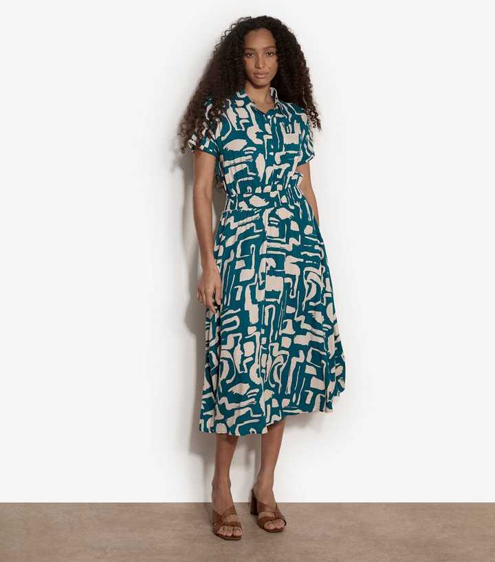 Apricot Teal Grecian Geo Print Midi Dress