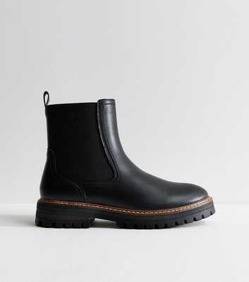 Wide Fit Black Faux Leather Contrast Stitch Chunky Sole Chelsea Boots