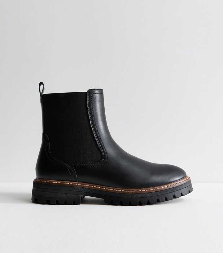 Wide Fit Black Faux Leather Contrast Stitch Chunky Sole Chelsea Boots