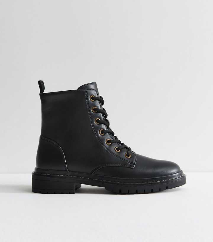 Black Faux Leather Stitch Trim Lace Up Ankle Boots