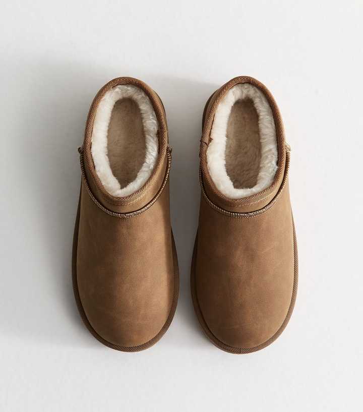 Tan Faux Suede Low Top Sherpa Lined Slipper Boots