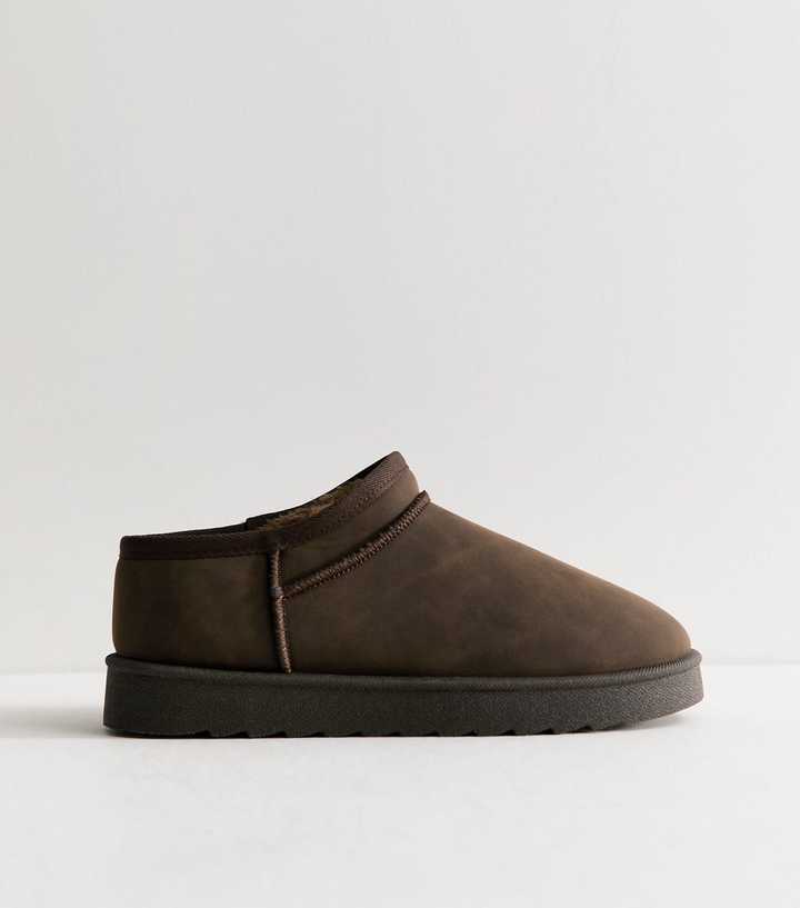 Dark Brown Faux Suede Low Top Sherpa Lined Slipper Boots