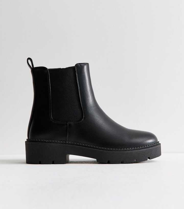 Black Faux Leather Chunky Sole Chelsea Boots