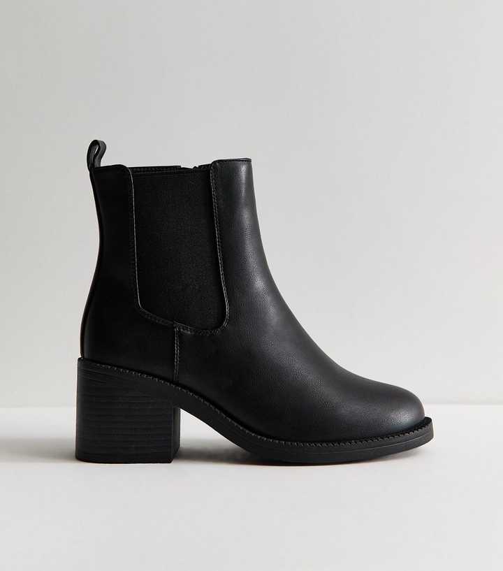 Wide Fit Black Faux Leather Heeled Chelsea Boots
