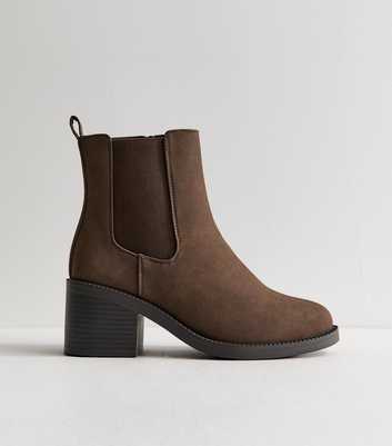 Wide Fit Dark Brown Faux Leather Heeled Chelsea Boots