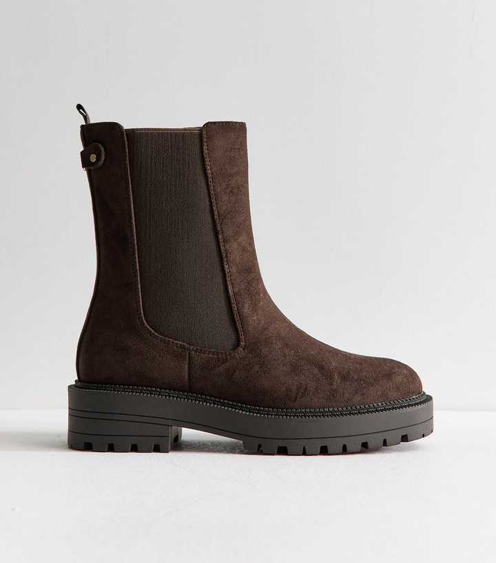 Dark Brown Faux Suede Chunky Sole Chelsea Boots