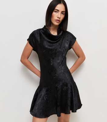Black Satin Jacquard Cowl Neck Skater Mini Dress