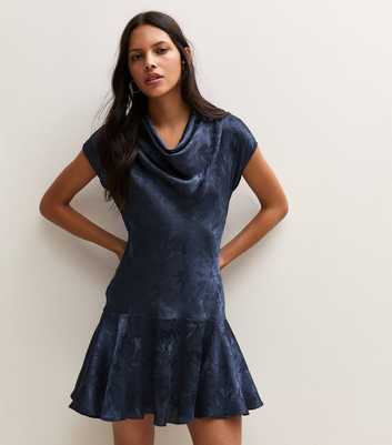 Navy Jacquard Satin Skater Mini Dress