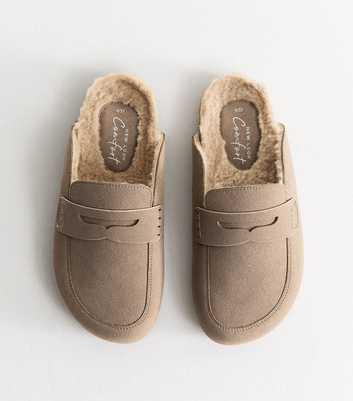 Light Brown Faux Suede Borg Loafer Mules