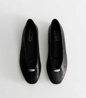 Black Faux Leather Metallic Charm High Vamp Ballerina Flats
