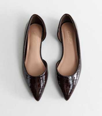 Dark Brown Faux Leather Croc Embossed Pointed Pumps
