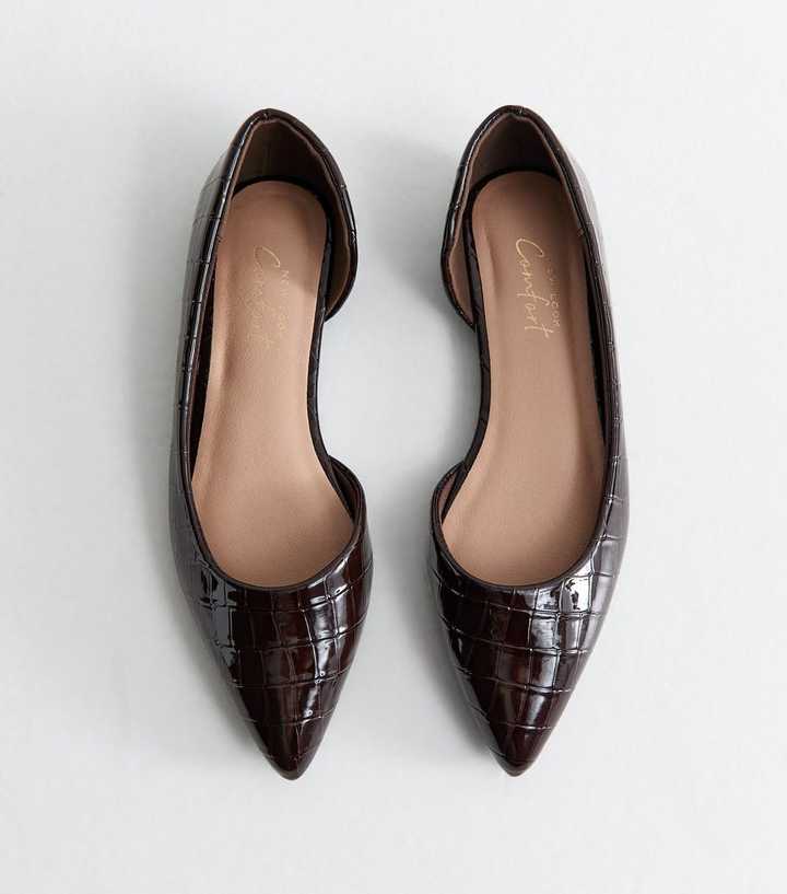 Dark Brown Faux Leather Croc Embossed Pointed Pumps