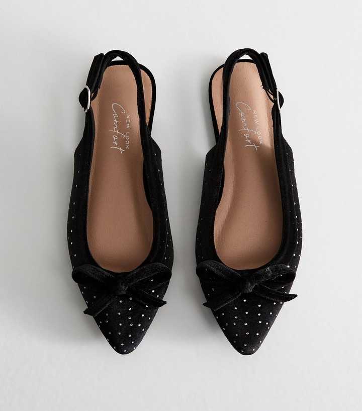 Wide Fit Black Velvet Bow Front Gem Embellished Slingback Shoes