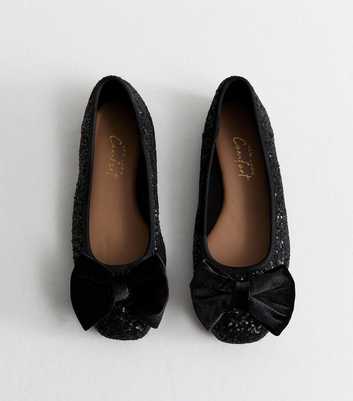 Wide Fit Black Sequin Velvet Bow Ballet Pumps