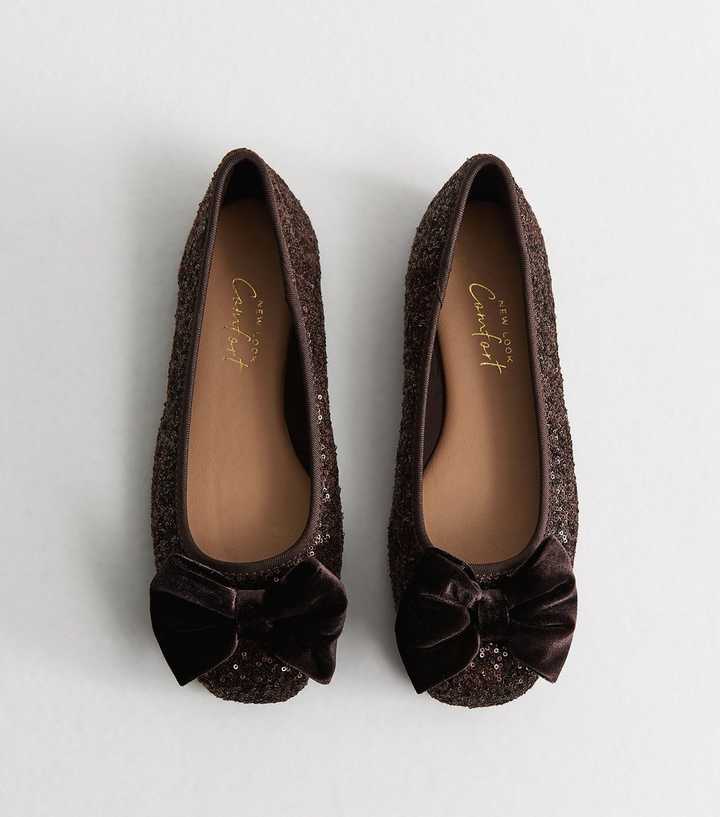 Wide Fit Dark Brown Sequin Velvet Bow Ballet Pumps
