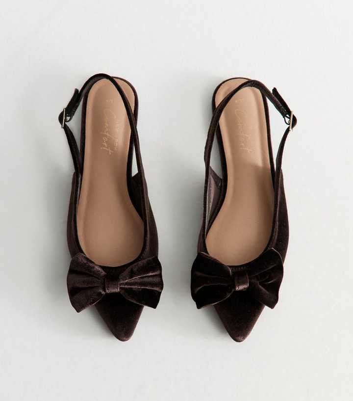 Dark Brown Velvet Bow Slingback Flats