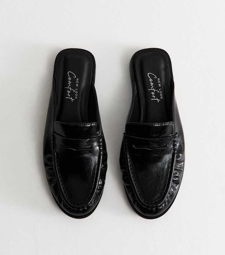 Black Faux Leather Backless Penny Loafers
