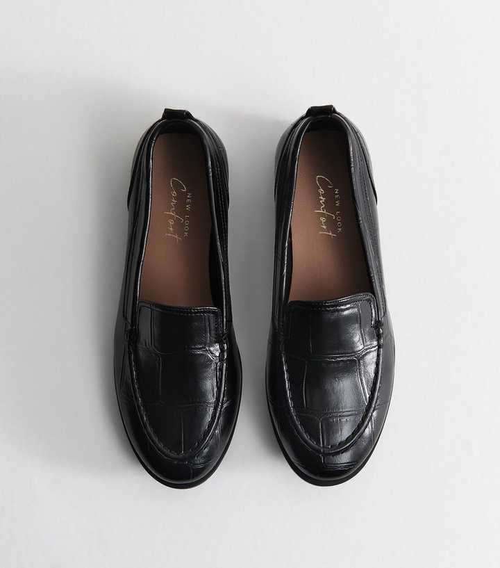 Black Faux Leather Crocodile Embossed Loafers