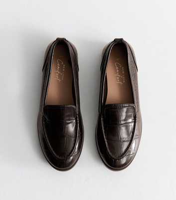 Dark Brown Faux Leather Crocodile Embossed Loafers