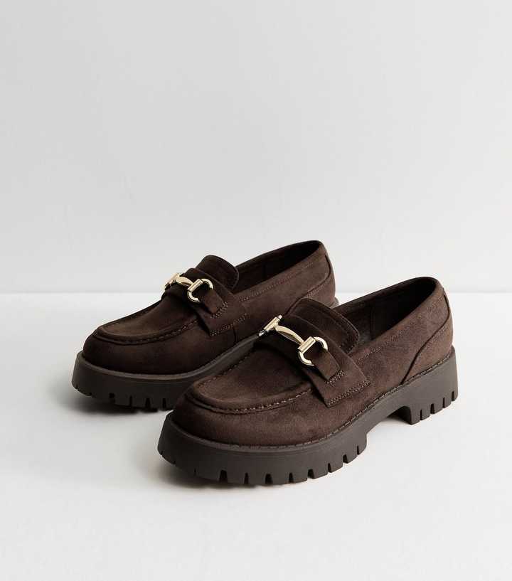 Dark Brown Faux Suede Metal Bar Chunky Loafers