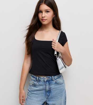 Girls Black Square Neck Cap Sleeve T-Shirt