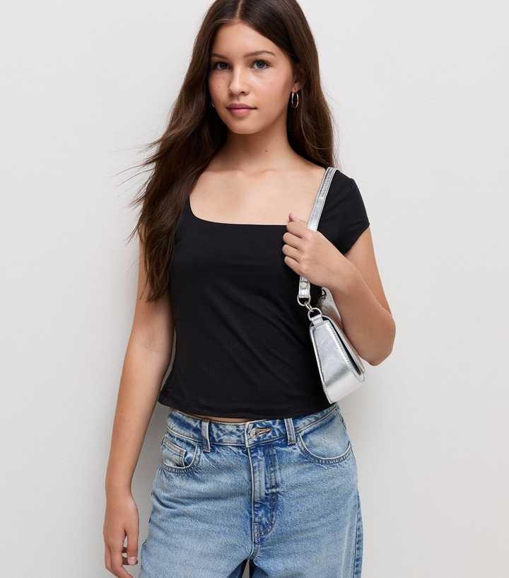 Girls Black Square Neck Cap Sleeve T-Shirt