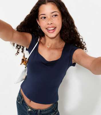 Girls Navy Square Neck Cap Sleeve T-Shirt