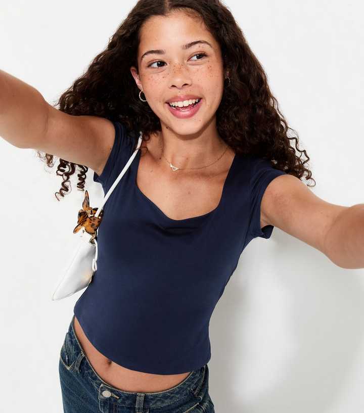 Girls Navy Square Neck Cap Sleeve T-Shirt