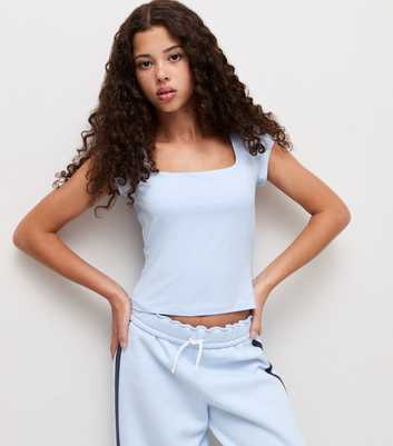 Girls Light Blue Square Neck Cap Sleeve T-Shirt