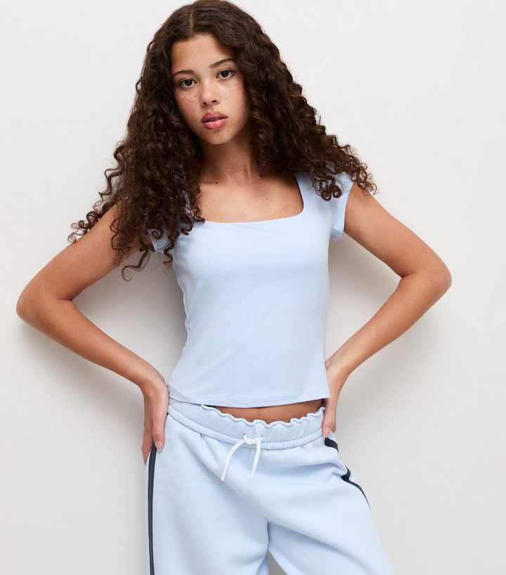 Girls Light Blue Square Neck Cap Sleeve T-Shirt