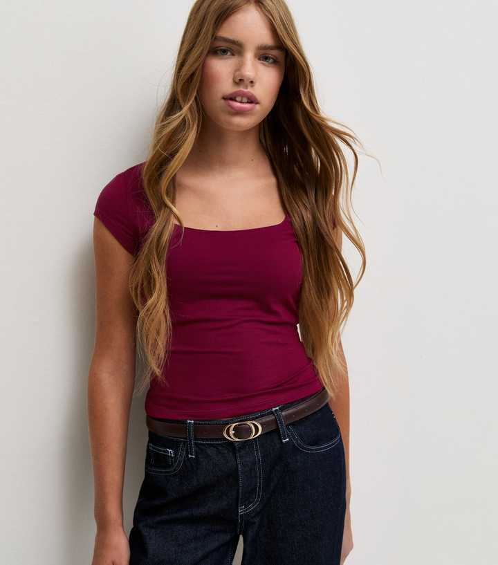 Girls Dark Burgundy Square Neck Soft Touch Cap Sleeve T-Shirt