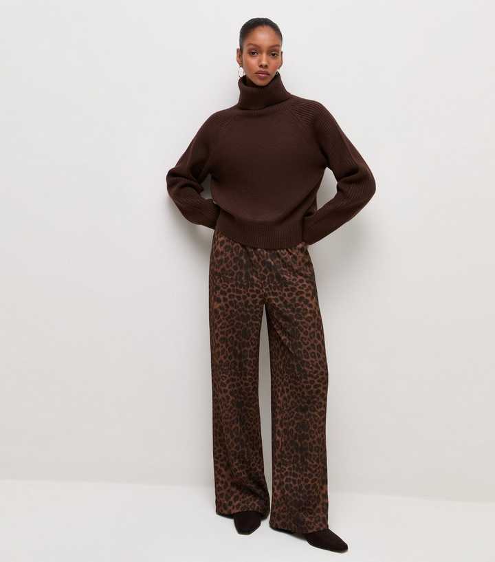 Brown Leopard Print Crinkle Jersey Wide Leg Trousers